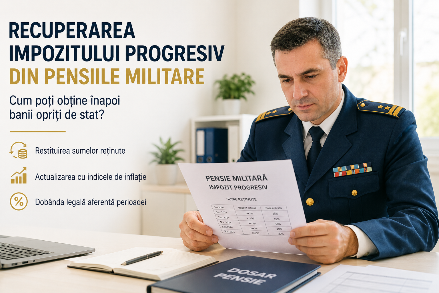 Recuperare impozit progresiv pensii militare în 2026